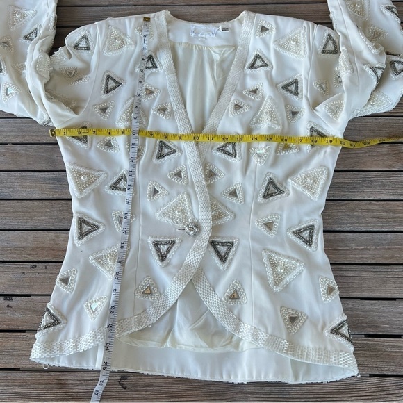 VTG Beaded Evening Jacket Heavily Embellished Winter White Pearl Triangle Sz 10 - Picture 11 of 16